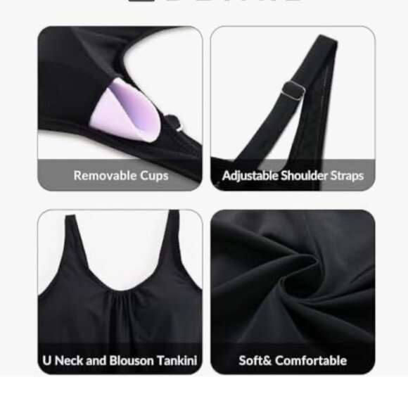 AquaEve Women Tankini Swimsuit Top ONLY Medium Black Orange Tropical Adjustable - Picture 5 of 8